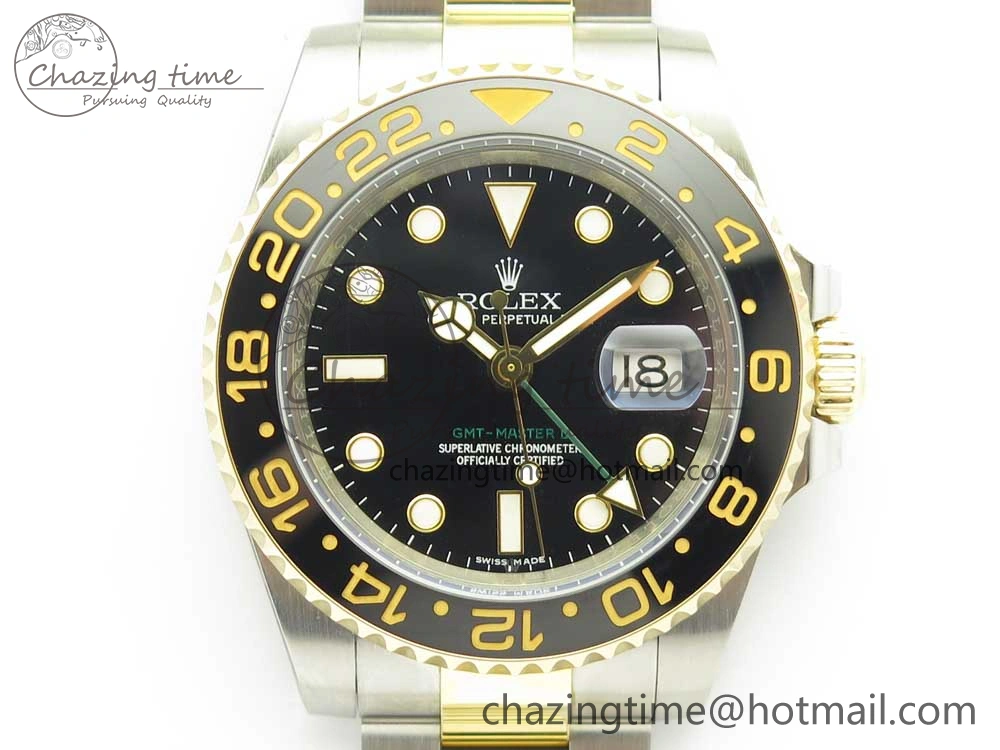 Original GMT-Master II 116713 LN Black Ceramic Thick YG Wrapped 904L Steel 1:1 Noob Best Edition A3187 (Correct Hand Stack) 3304