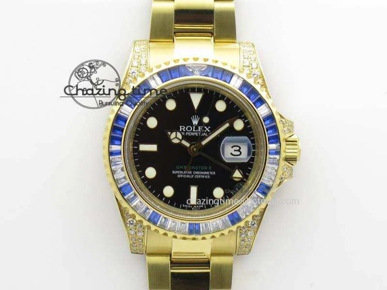 GoodFit GMT-Master II 116759 YG Bp-Maker Blue Ruby Crystal Bezel Black Dial On YG Bracelet A 3775