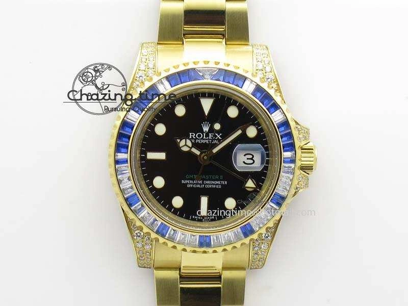 GoodFit GMT-Master II 116759 YG Bp-Maker Blue Ruby Crystal Bezel Black Dial On YG Bracelet A 3775