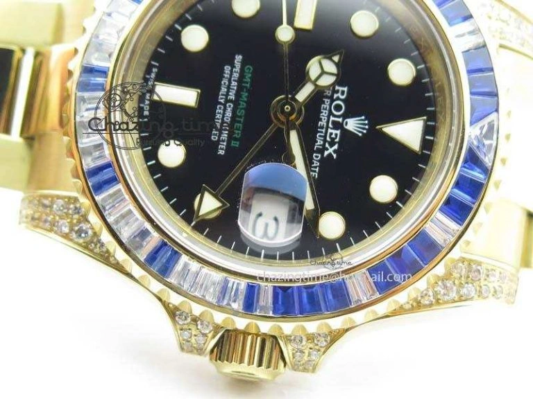 GoodFit GMT-Master II 116759 YG Bp-Maker Blue Ruby Crystal Bezel Black Dial On YG Bracelet A 3775