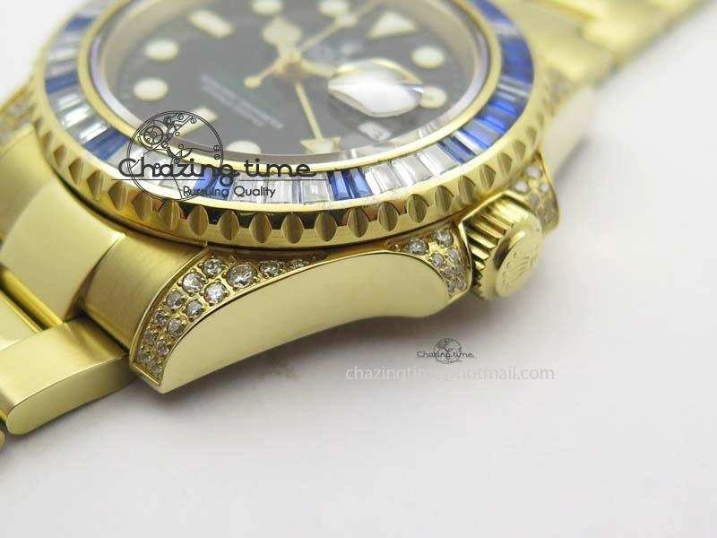 GoodFit GMT-Master II 116759 YG Bp-Maker Blue Ruby Crystal Bezel Black Dial On YG Bracelet A 3775