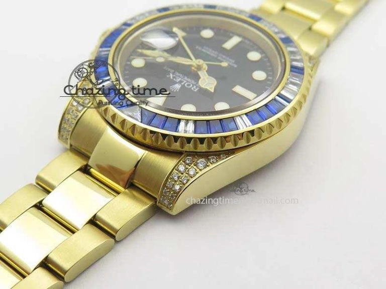GoodFit GMT-Master II 116759 YG Bp-Maker Blue Ruby Crystal Bezel Black Dial On YG Bracelet A 3775
