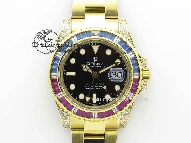 ComfortFit GMT-Master II 116759 YG Bp-Maker Blue Red Ruby Crystal Bezel Black Dial On YG Bracelet A 3776