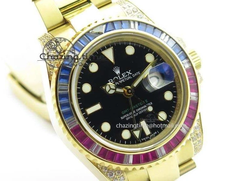 ComfortFit GMT-Master II 116759 YG Bp-Maker Blue Red Ruby Crystal Bezel Black Dial On YG Bracelet A 3776