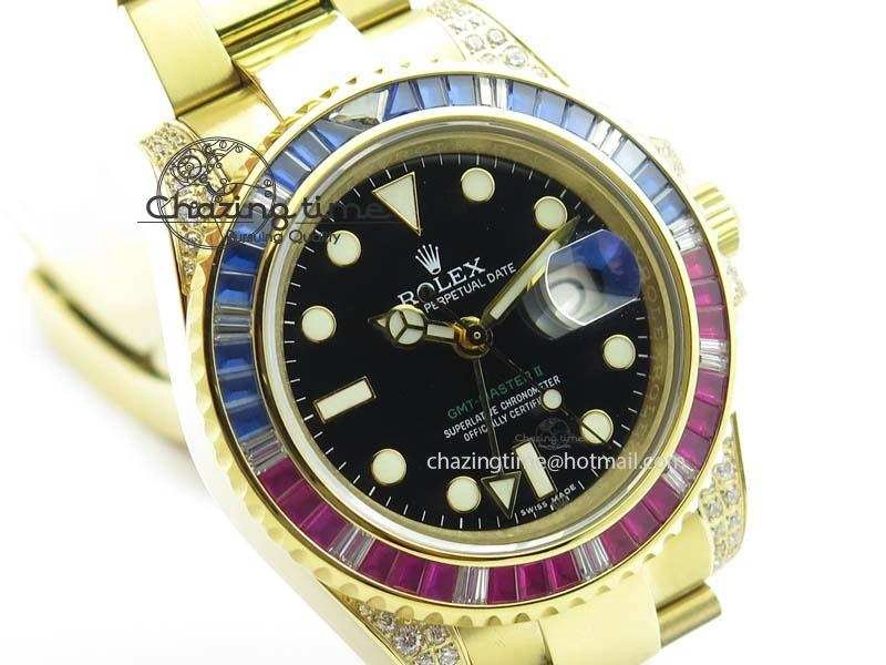 ComfortFit GMT-Master II 116759 YG Bp-Maker Blue Red Ruby Crystal Bezel Black Dial On YG Bracelet A 3776