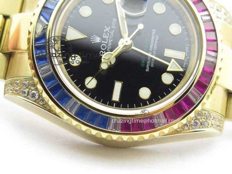 ComfortFit GMT-Master II 116759 YG Bp-Maker Blue Red Ruby Crystal Bezel Black Dial On YG Bracelet A 3776