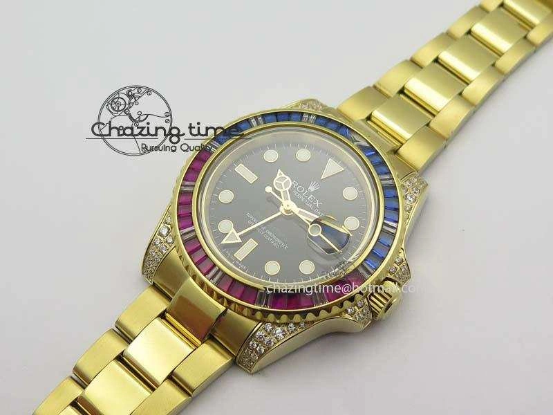 ComfortFit GMT-Master II 116759 YG Bp-Maker Blue Red Ruby Crystal Bezel Black Dial On YG Bracelet A 3776