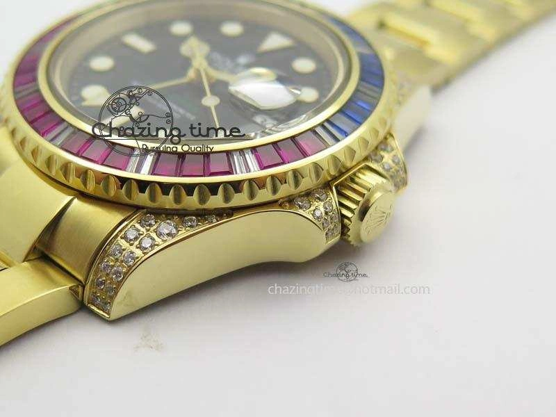 ComfortFit GMT-Master II 116759 YG Bp-Maker Blue Red Ruby Crystal Bezel Black Dial On YG Bracelet A 3776