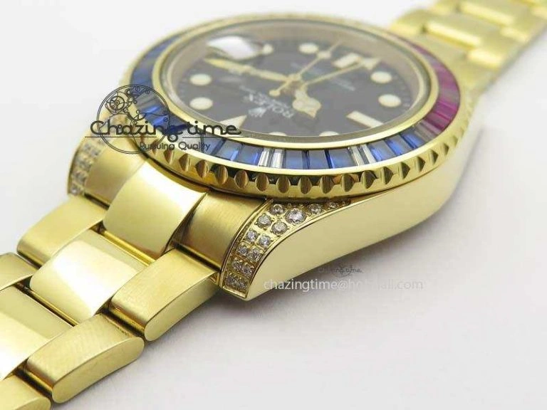 ComfortFit GMT-Master II 116759 YG Bp-Maker Blue Red Ruby Crystal Bezel Black Dial On YG Bracelet A 3776