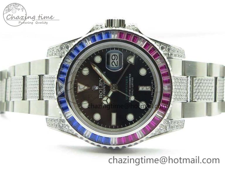 Fashionable GMT Master II 126710 Red Blue T Crystal VRF Best Edition Black Dial On SS Paved Crystal Bracelet  A3186 CHS 2915