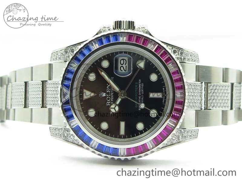 Fashionable GMT Master II 126710 Red Blue T Crystal VRF Best Edition Black Dial On SS Paved Crystal Bracelet  A3186 CHS 2915