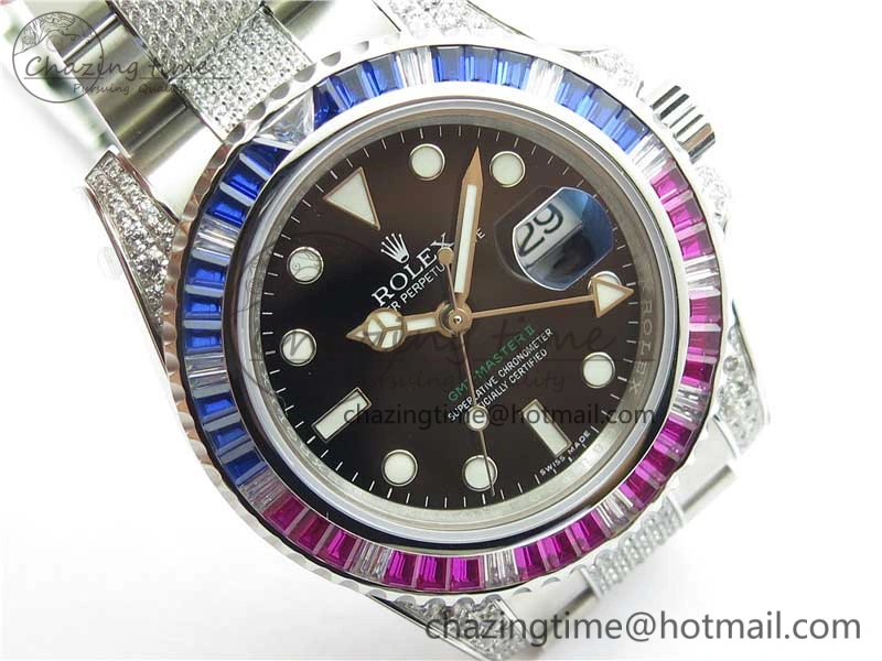 Fashionable GMT Master II 126710 Red Blue T Crystal VRF Best Edition Black Dial On SS Paved Crystal Bracelet  A3186 CHS 2915