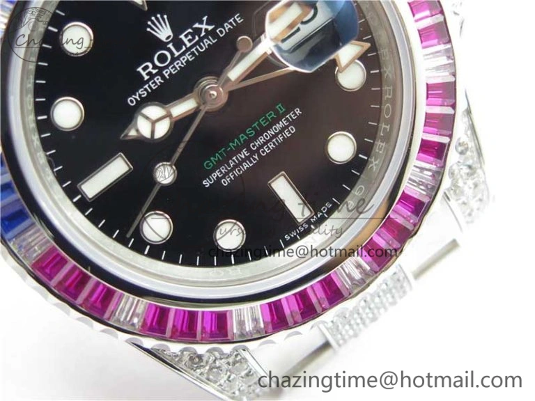 Fashionable GMT Master II 126710 Red Blue T Crystal VRF Best Edition Black Dial On SS Paved Crystal Bracelet  A3186 CHS 2915