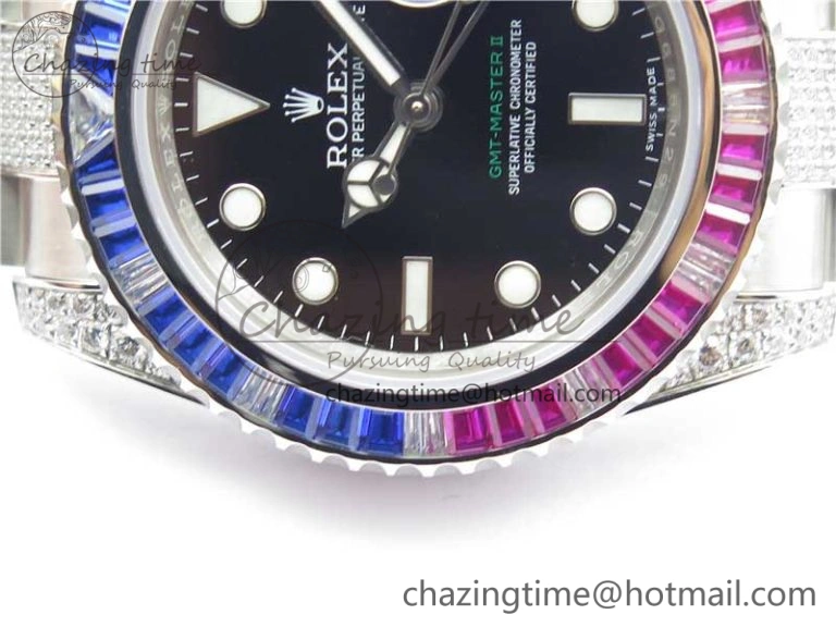 Fashionable GMT Master II 126710 Red Blue T Crystal VRF Best Edition Black Dial On SS Paved Crystal Bracelet  A3186 CHS 2915