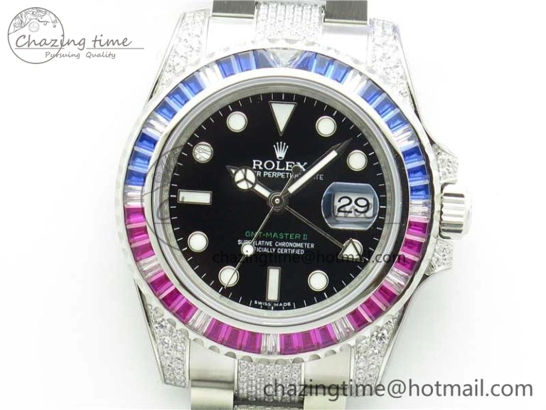 Fashionable GMT Master II 126710 Red Blue T Crystal VRF Best Edition Black Dial On SS Paved Crystal Bracelet  A3186 CHS 2915
