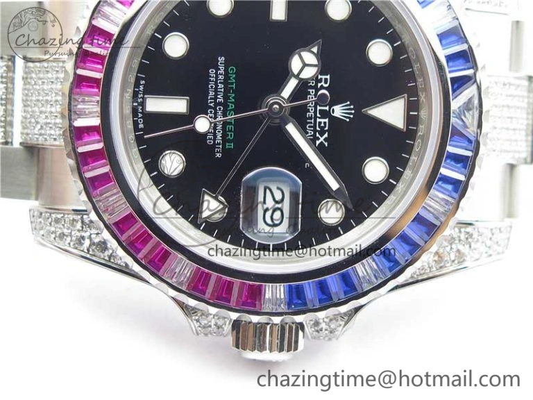 Fashionable GMT Master II 126710 Red Blue T Crystal VRF Best Edition Black Dial On SS Paved Crystal Bracelet  A3186 CHS 2915