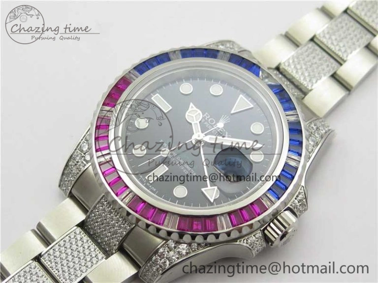 Fashionable GMT Master II 126710 Red Blue T Crystal VRF Best Edition Black Dial On SS Paved Crystal Bracelet  A3186 CHS 2915
