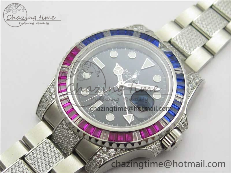 Fashionable GMT Master II 126710 Red Blue T Crystal VRF Best Edition Black Dial On SS Paved Crystal Bracelet  A3186 CHS 2915