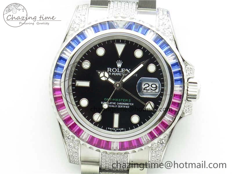 Fashionable GMT Master II 126710 Red Blue T Crystal VRF Best Edition Black Dial On SS Paved Crystal Bracelet  A3186 CHS 2915