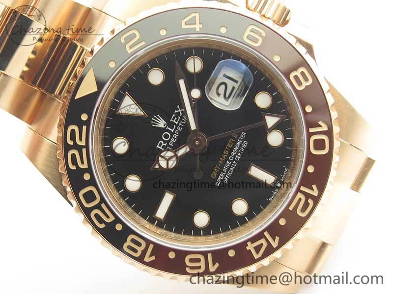 Compact GMT-Master II 126715 RG Wrapped BP Best Edition Black Brown Ceramic Bezel Black Dial on RG Wrapped Bracelet ETA 3415