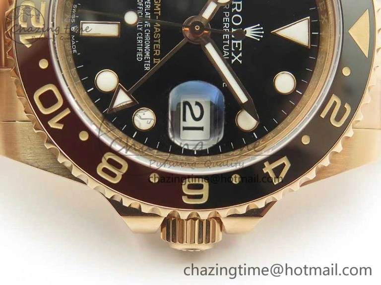 Compact GMT-Master II 126715 RG Wrapped BP Best Edition Black Brown Ceramic Bezel Black Dial on RG Wrapped Bracelet ETA 3415