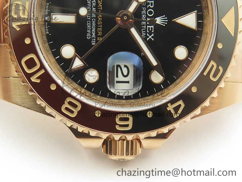 Compact GMT-Master II 126715 RG Wrapped BP Best Edition Black Brown Ceramic Bezel Black Dial on RG Wrapped Bracelet ETA 3415