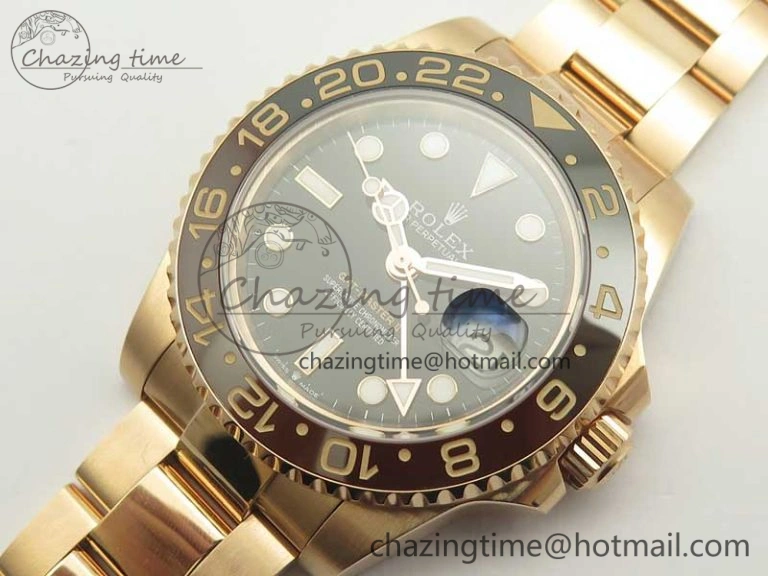 Compact GMT-Master II 126715 RG Wrapped BP Best Edition Black Brown Ceramic Bezel Black Dial on RG Wrapped Bracelet ETA 3415