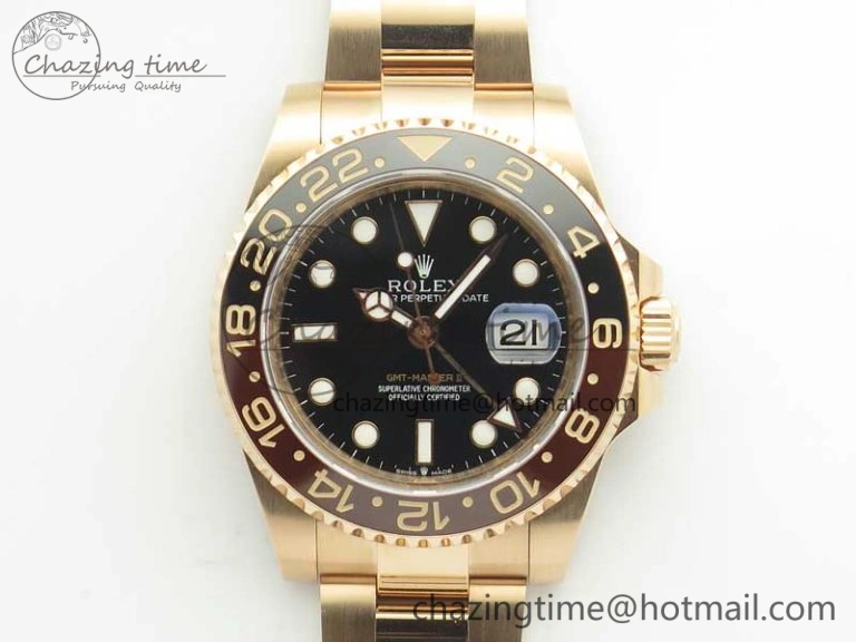 Compact GMT-Master II 126715 RG Wrapped BP Best Edition Black Brown Ceramic Bezel Black Dial on RG Wrapped Bracelet ETA 3415