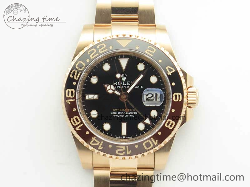 Compact GMT-Master II 126715 RG Wrapped BP Best Edition Black Brown Ceramic Bezel Black Dial on RG Wrapped Bracelet ETA 3415