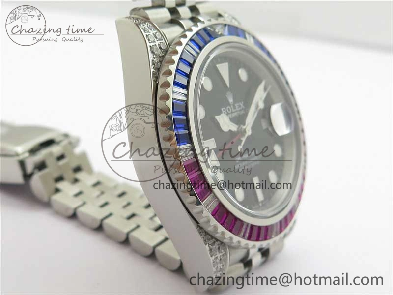 Compact GMT-Master II Red Blue Diamonds Bezel 904L Steel GMF Best Edition Black Dial On Jubilee Bracelet SA3285 CHS V 2578