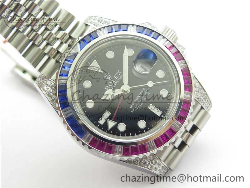 Compact GMT-Master II Red Blue Diamonds Bezel 904L Steel GMF Best Edition Black Dial On Jubilee Bracelet SA3285 CHS V 2578