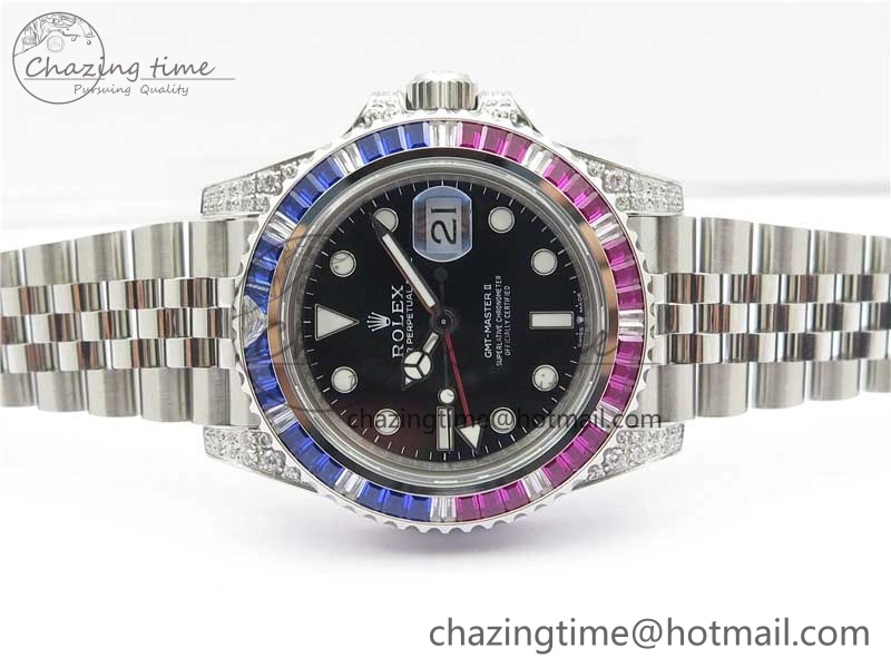 Compact GMT-Master II Red Blue Diamonds Bezel 904L Steel GMF Best Edition Black Dial On Jubilee Bracelet SA3285 CHS V 2578