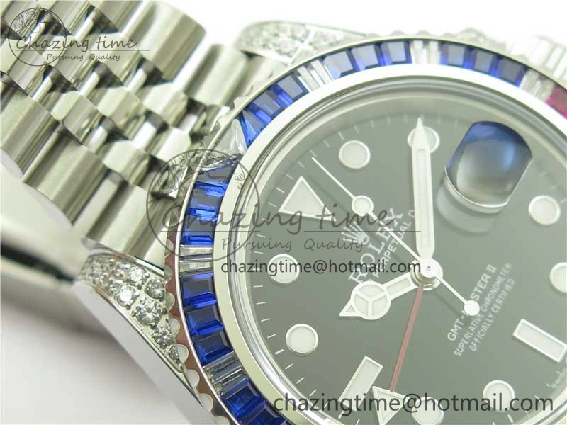 Compact GMT-Master II Red Blue Diamonds Bezel 904L Steel GMF Best Edition Black Dial On Jubilee Bracelet SA3285 CHS V 2578