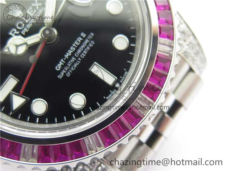 Compact GMT-Master II Red Blue Diamonds Bezel 904L Steel GMF Best Edition Black Dial On Jubilee Bracelet SA3285 CHS V 2578