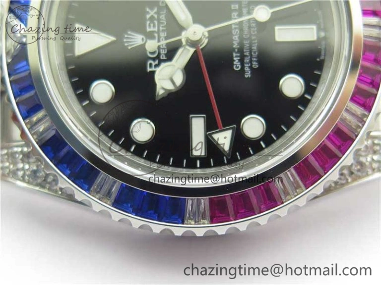 Compact GMT-Master II Red Blue Diamonds Bezel 904L Steel GMF Best Edition Black Dial On Jubilee Bracelet SA3285 CHS V 2578