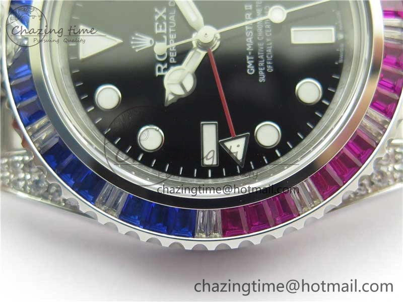 Compact GMT-Master II Red Blue Diamonds Bezel 904L Steel GMF Best Edition Black Dial On Jubilee Bracelet SA3285 CHS V 2578