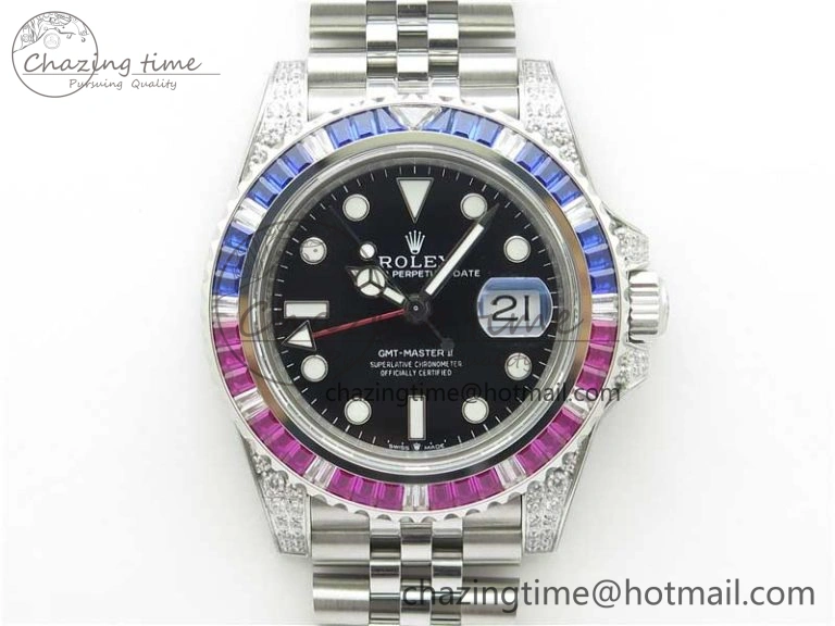 Compact GMT-Master II Red Blue Diamonds Bezel 904L Steel GMF Best Edition Black Dial On Jubilee Bracelet SA3285 CHS V 2578