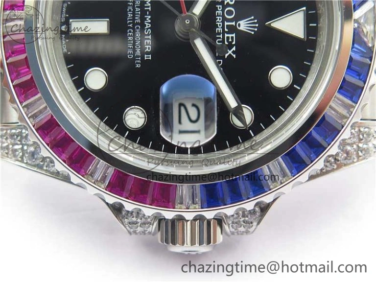 Compact GMT-Master II Red Blue Diamonds Bezel 904L Steel GMF Best Edition Black Dial On Jubilee Bracelet SA3285 CHS V 2578