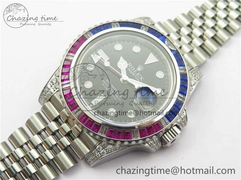 Compact GMT-Master II Red Blue Diamonds Bezel 904L Steel GMF Best Edition Black Dial On Jubilee Bracelet SA3285 CHS V 2578