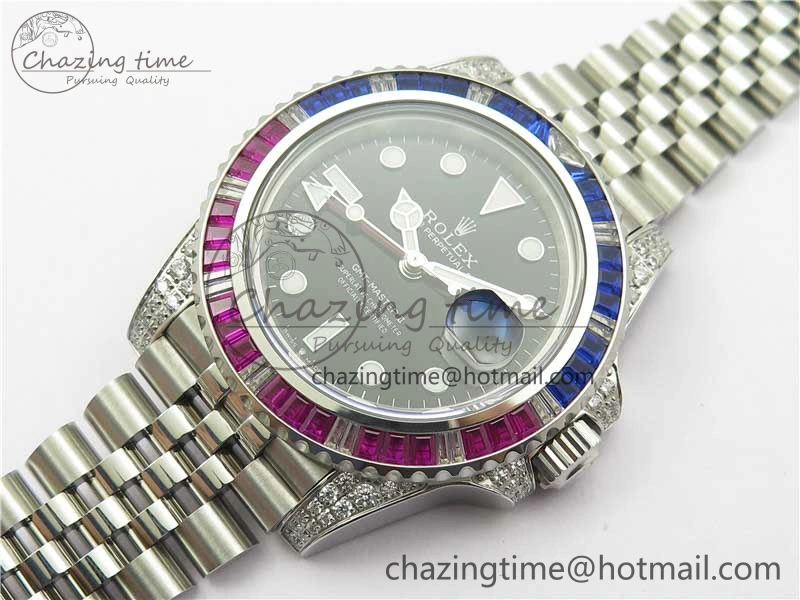 Compact GMT-Master II Red Blue Diamonds Bezel 904L Steel GMF Best Edition Black Dial On Jubilee Bracelet SA3285 CHS V 2578