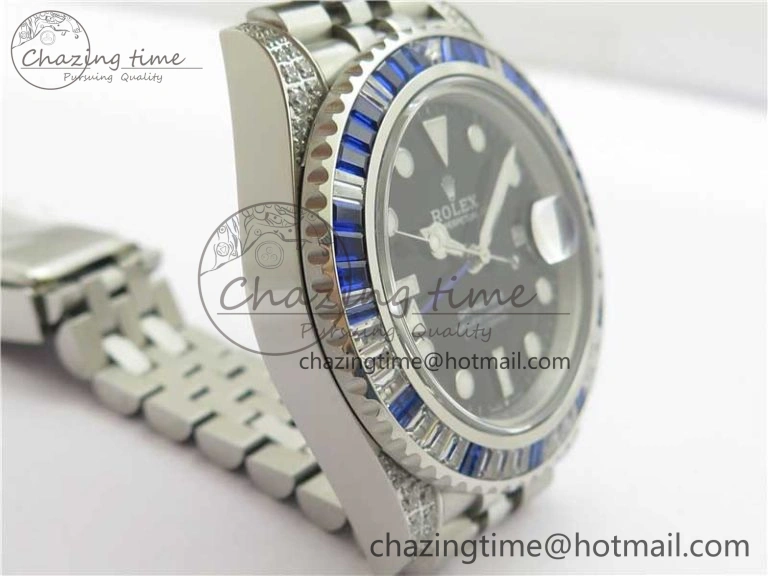 FashionForward GMT-Master II White Blue Diamonds Bezel 904L Steel GMF Best Edition Black Dial On Jubilee Bracelet SA3285 CHS V 2579