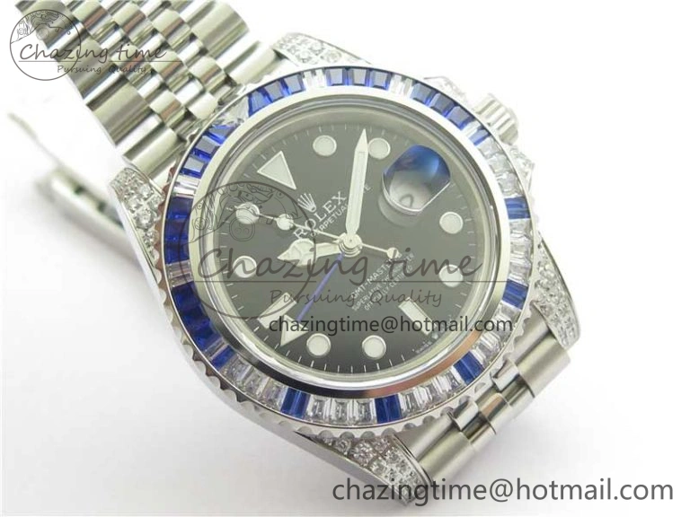 FashionForward GMT-Master II White Blue Diamonds Bezel 904L Steel GMF Best Edition Black Dial On Jubilee Bracelet SA3285 CHS V 2579