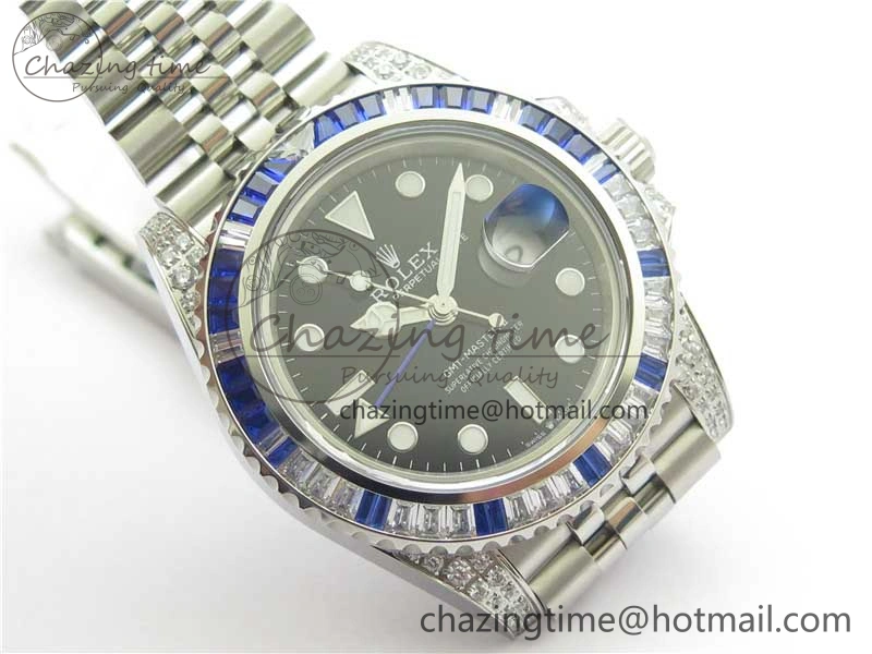 FashionForward GMT-Master II White Blue Diamonds Bezel 904L Steel GMF Best Edition Black Dial On Jubilee Bracelet SA3285 CHS V 2579