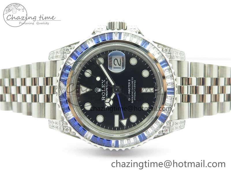 FashionForward GMT-Master II White Blue Diamonds Bezel 904L Steel GMF Best Edition Black Dial On Jubilee Bracelet SA3285 CHS V 2579