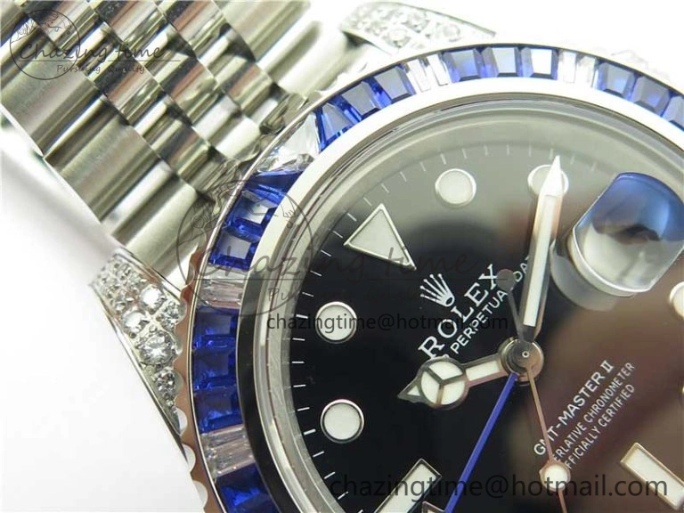 FashionForward GMT-Master II White Blue Diamonds Bezel 904L Steel GMF Best Edition Black Dial On Jubilee Bracelet SA3285 CHS V 2579