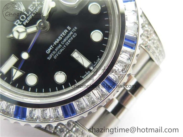 FashionForward GMT-Master II White Blue Diamonds Bezel 904L Steel GMF Best Edition Black Dial On Jubilee Bracelet SA3285 CHS V 2579
