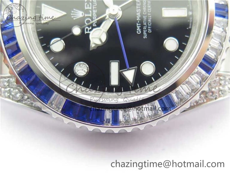 FashionForward GMT-Master II White Blue Diamonds Bezel 904L Steel GMF Best Edition Black Dial On Jubilee Bracelet SA3285 CHS V 2579