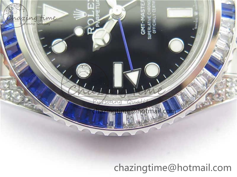 FashionForward GMT-Master II White Blue Diamonds Bezel 904L Steel GMF Best Edition Black Dial On Jubilee Bracelet SA3285 CHS V 2579