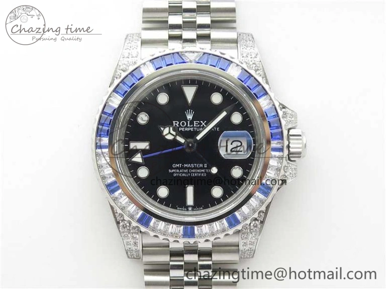 FashionForward GMT-Master II White Blue Diamonds Bezel 904L Steel GMF Best Edition Black Dial On Jubilee Bracelet SA3285 CHS V 2579