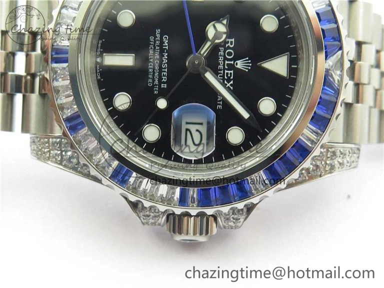 FashionForward GMT-Master II White Blue Diamonds Bezel 904L Steel GMF Best Edition Black Dial On Jubilee Bracelet SA3285 CHS V 2579